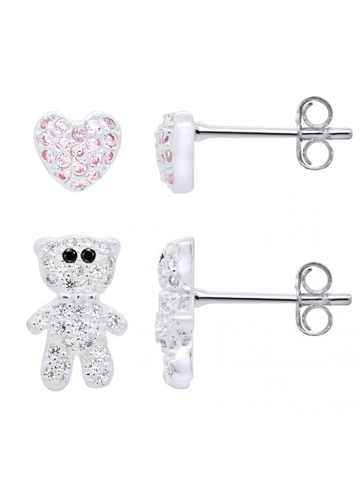 Boucles d'Oreilles Ourson Blanc et Coeur Rose